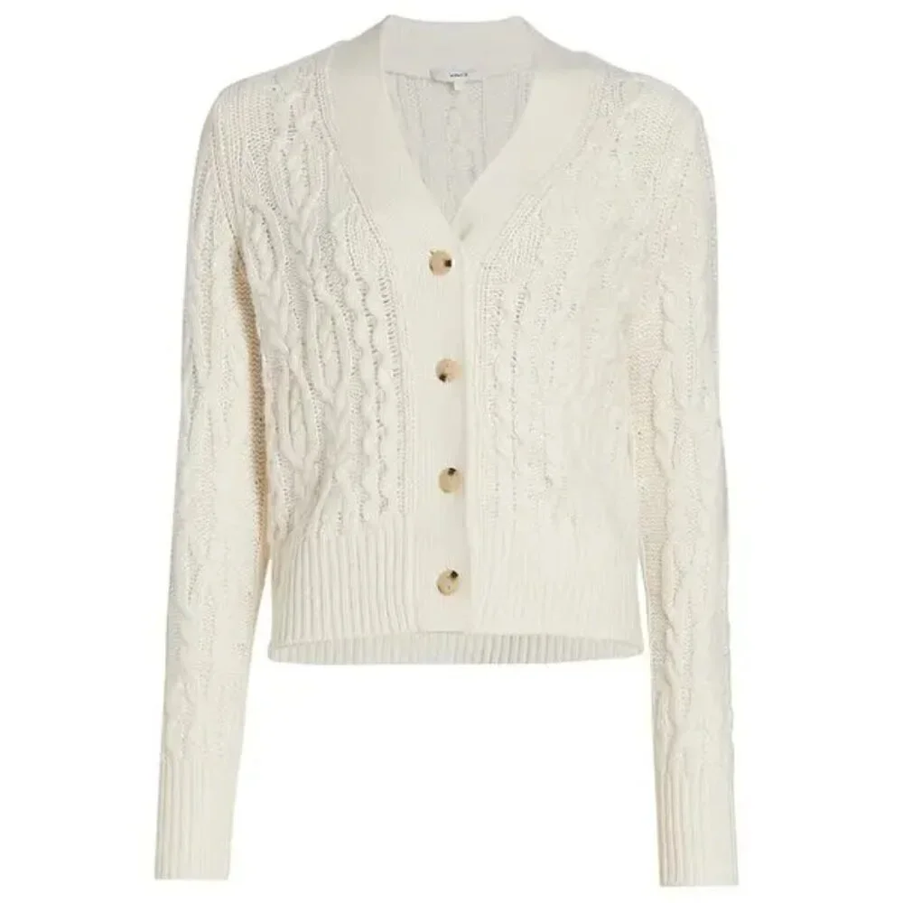 NEW VINCE Triple Braid Cable Wool Cashmere Blend Cardigan Sweater Off White - Picture 2 of 7